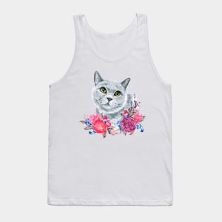 Cute Russian Blue Cat with Roses Watercolor Art Tank Top